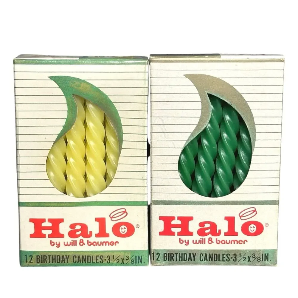 Vintage 3.5” twist birthday candles 12 yellow 11 green Halo Will & Baumer Japan